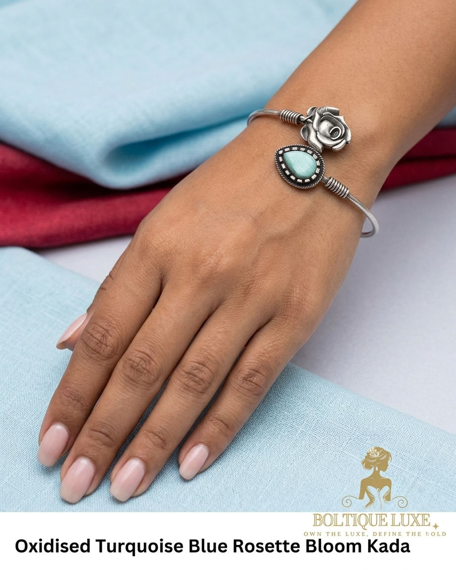 Oxidised Turquoise Blue Rosette Bloom Kada