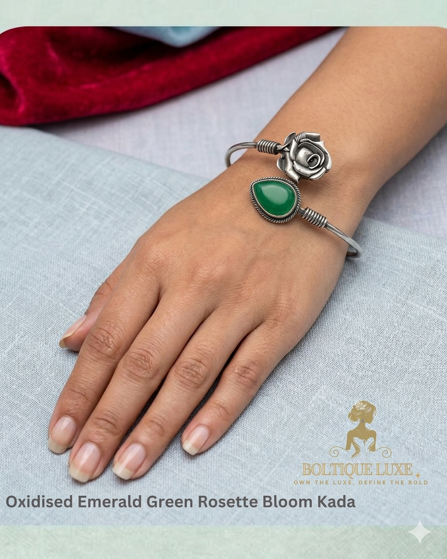 Oxidised Emerald Green Rosette Bloom Kada