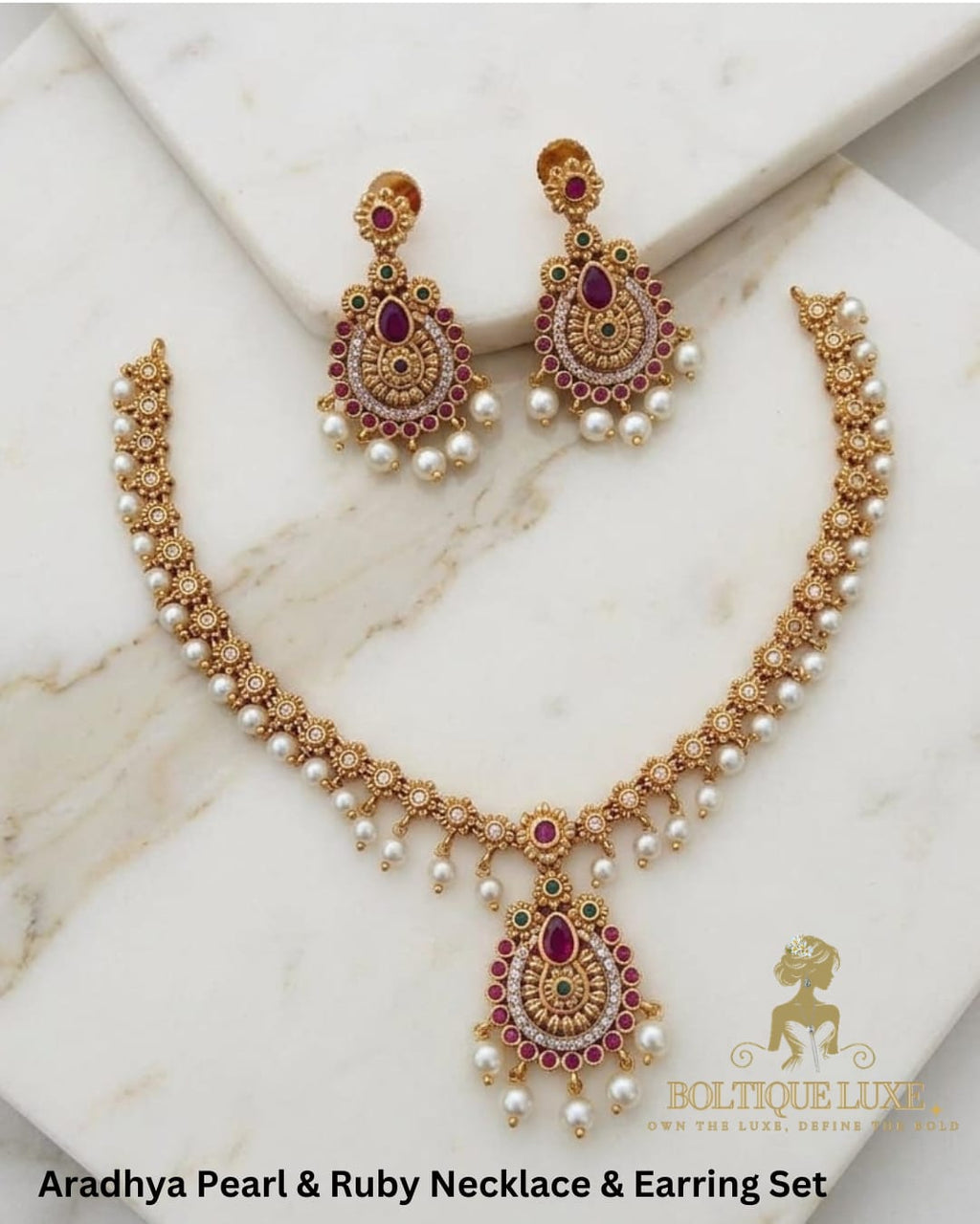 Aradhya Pearl & Ruby Necklace and Earring Set