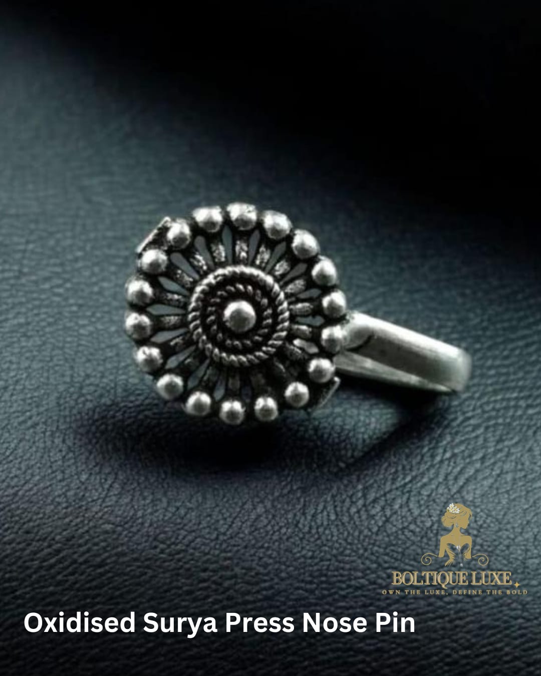 Oxidised Surya Press Nose Pin