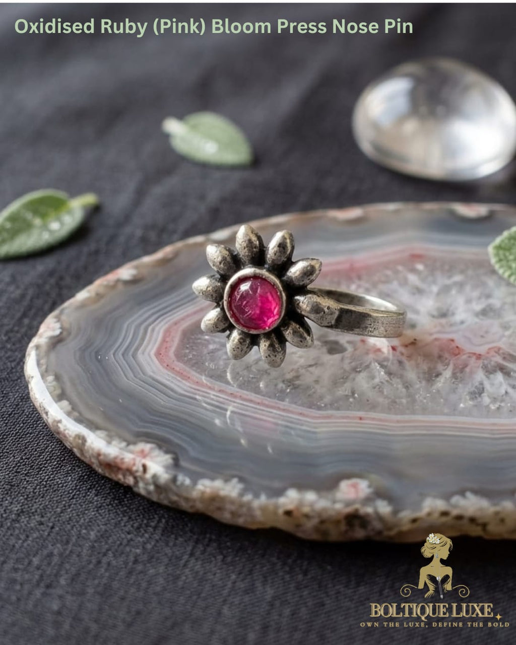 Oxidised Ruby (Pink) Bloom Press Nose Pin