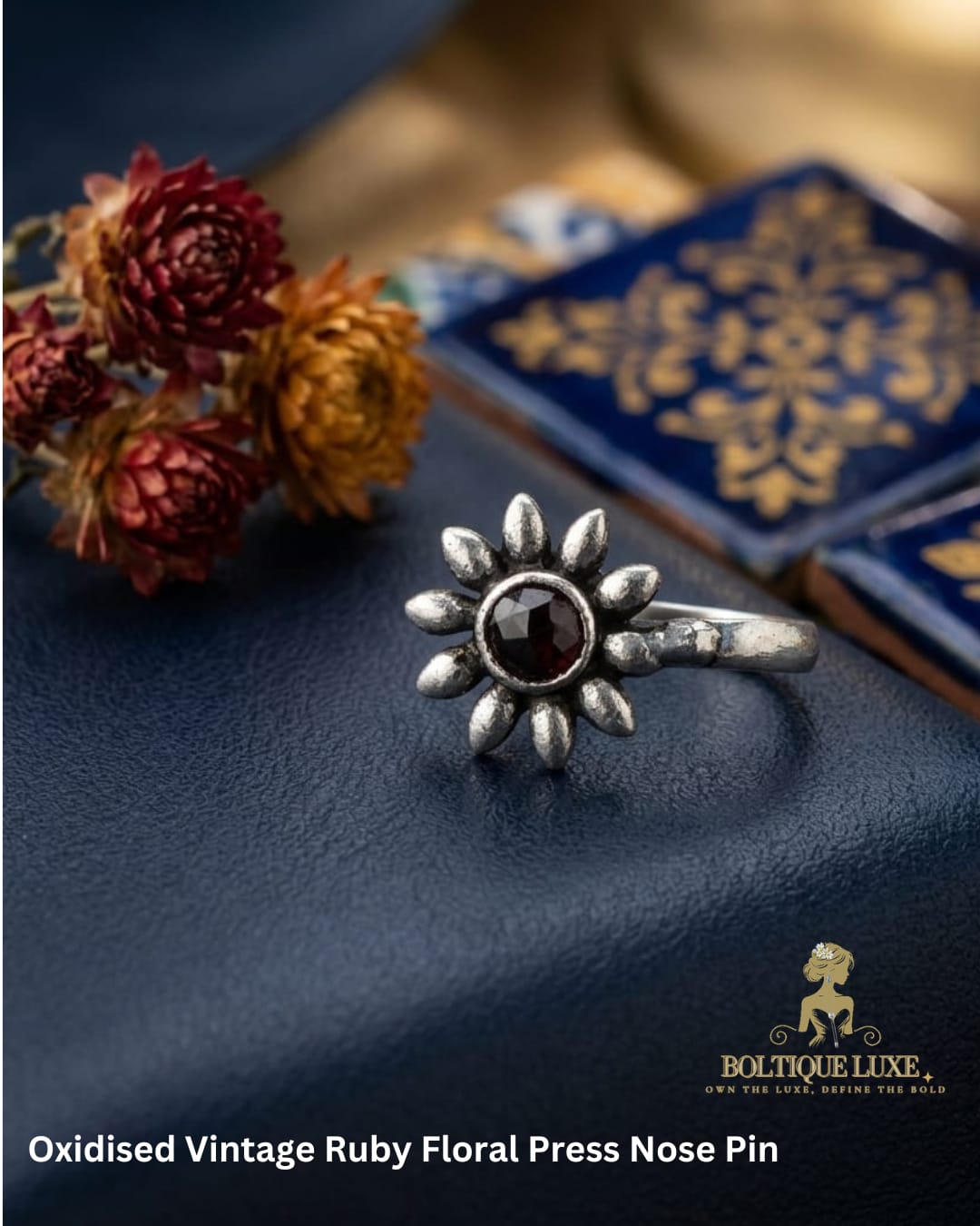 Oxidised Vintage Ruby Floral Press Nose Pin