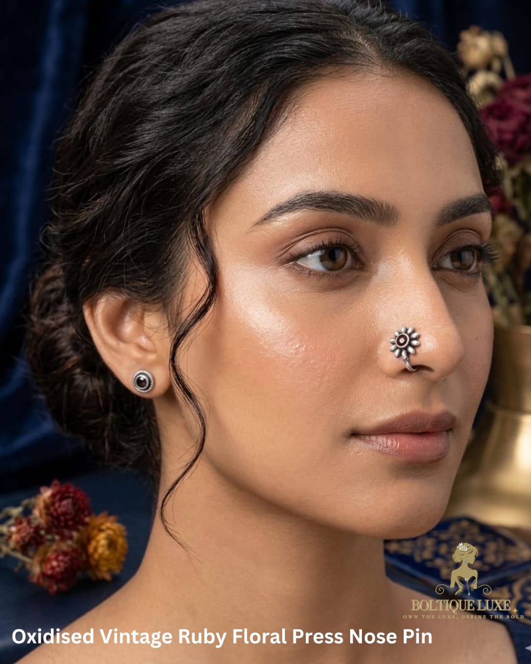 Oxidised Vintage Ruby Floral Press Nose Pin