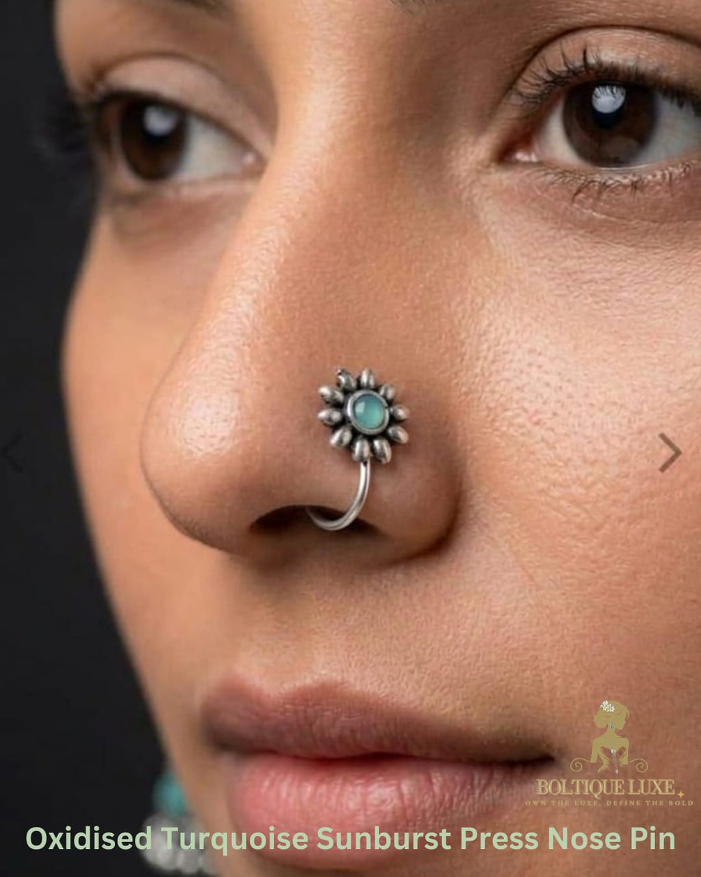 Oxidised Turquoise Sunburst Press Nose Pin