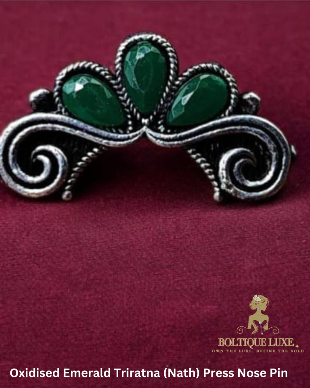 Oxidised Emerald Triratna (Nath) Press Nose Pin