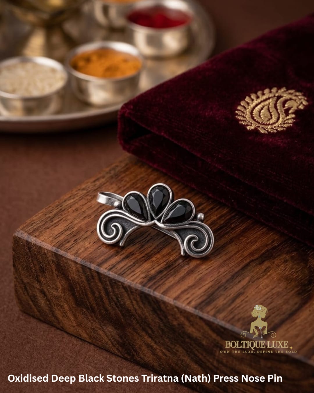 Oxidised Deep Black Stones Triratna (Nath) Press Nose Pin