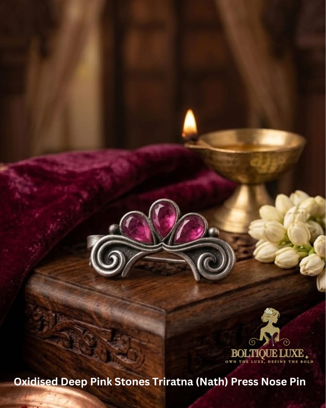 Oxidised Deep Pink Stones Triratna (Nath) Press Nose Pin