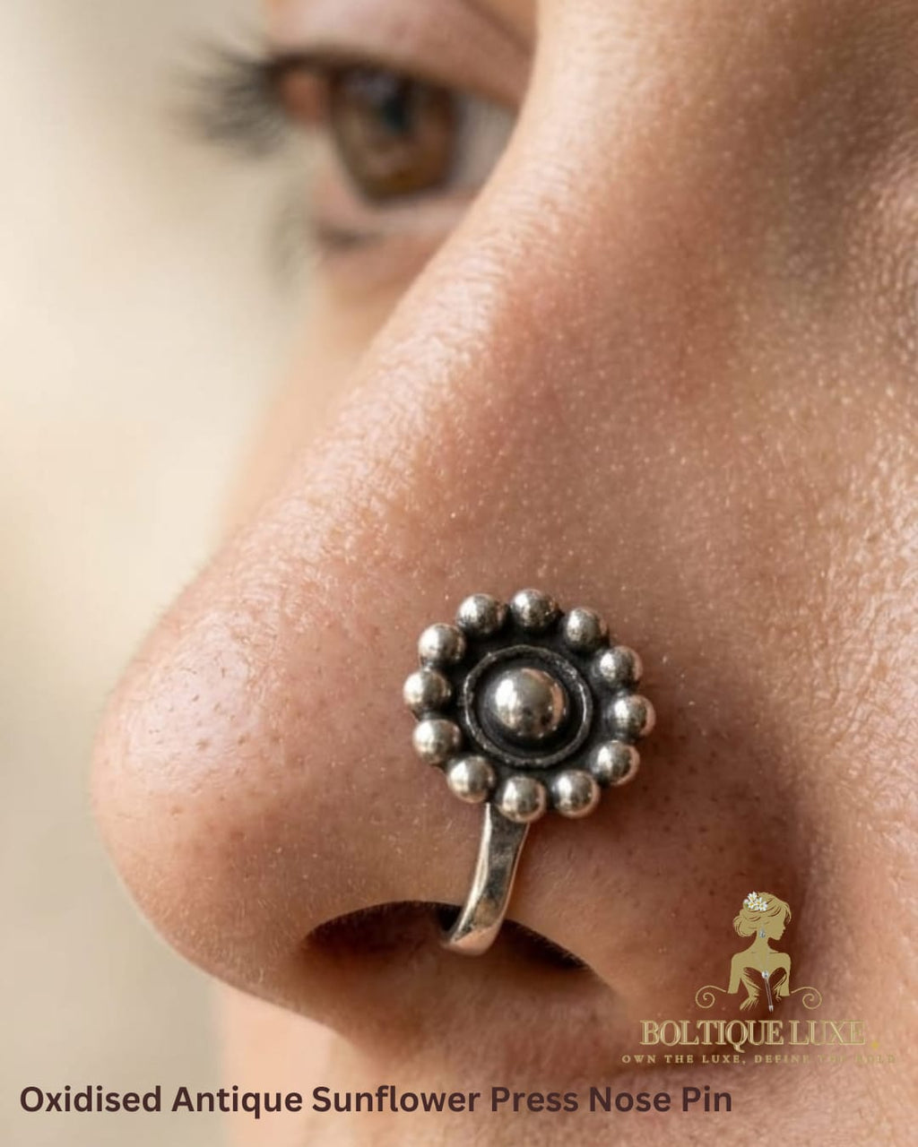 Oxidised Antique Sunflower Press Nose Pin
