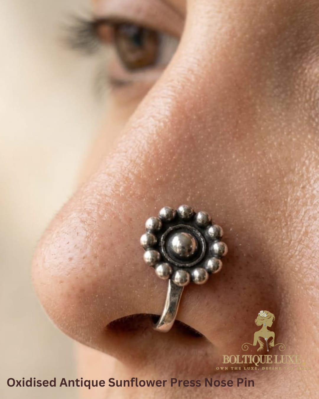 Oxidised Antique Sunflower Press Nose Pin