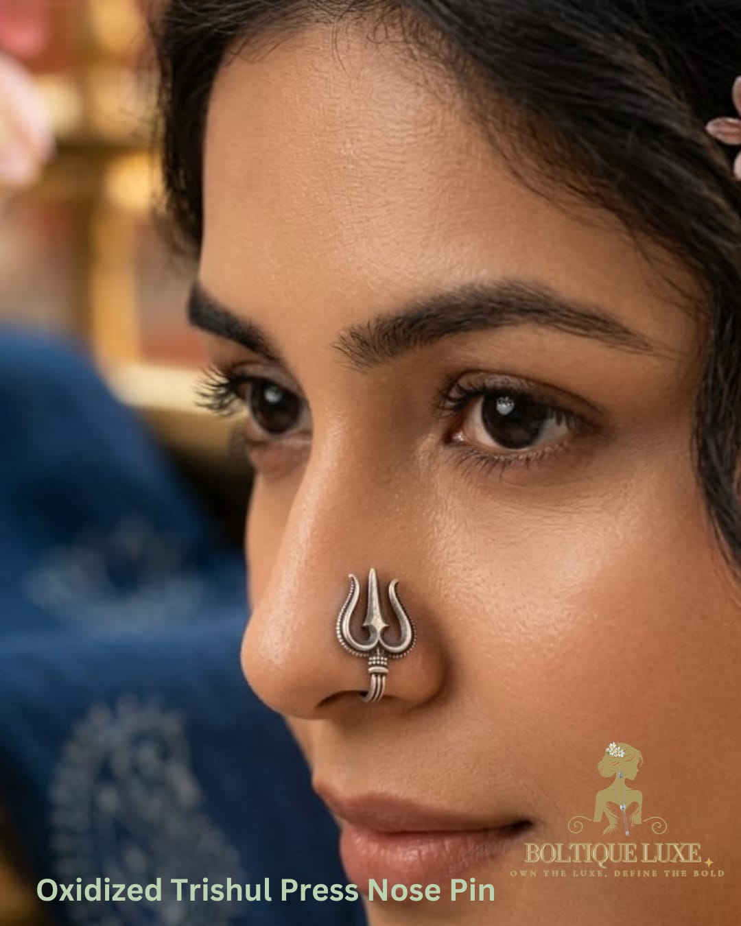 Oxidized Trishul Press Nose Pin