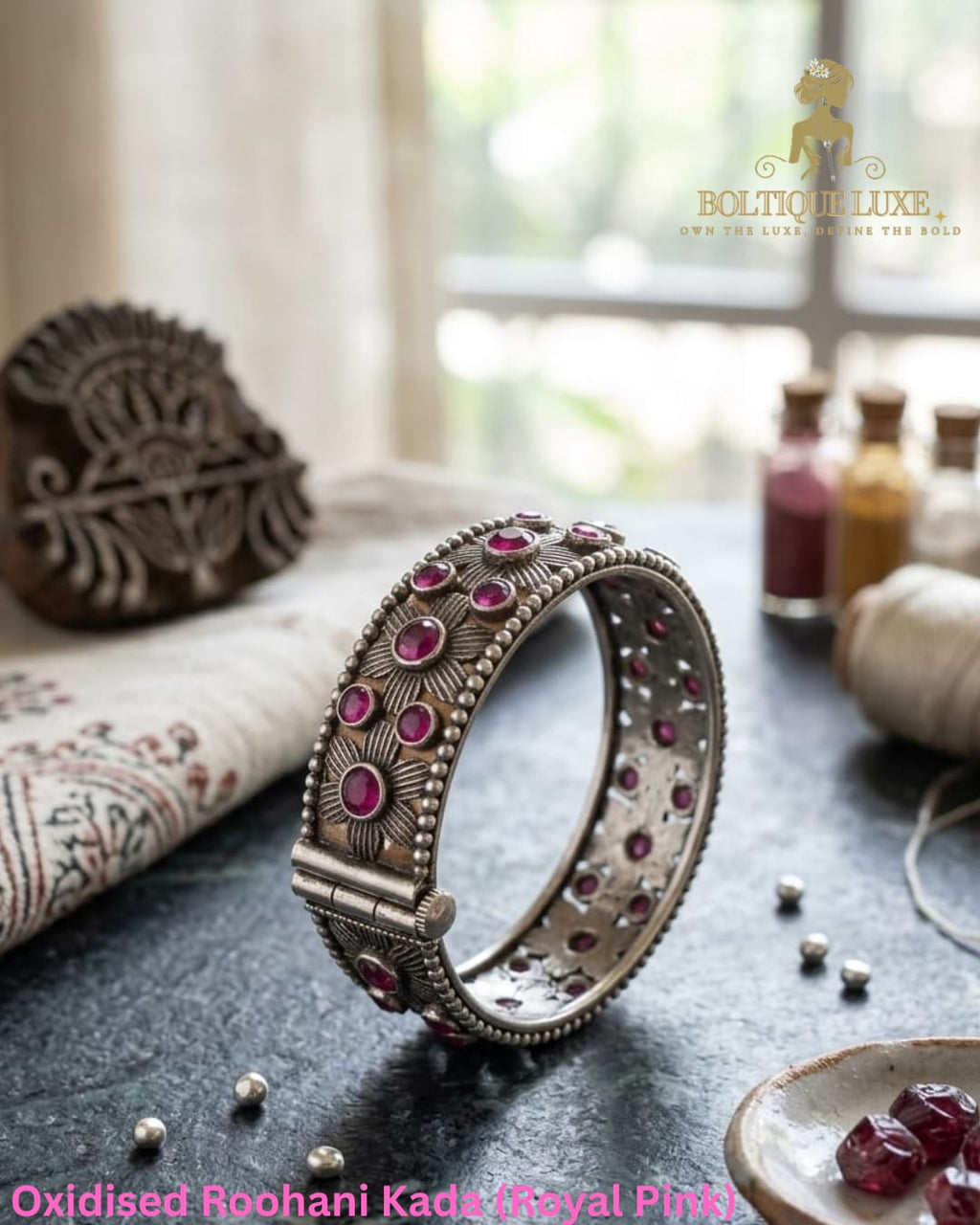 Oxidised Roohani Kada (Royal Pink)