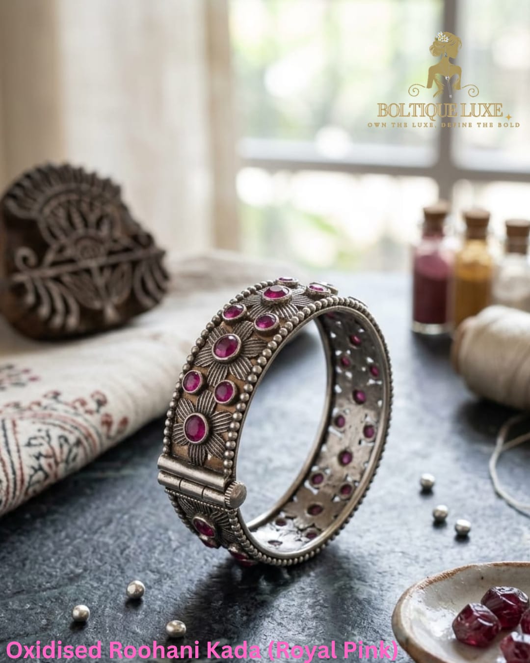 Oxidised Roohani Kada (Royal Pink)