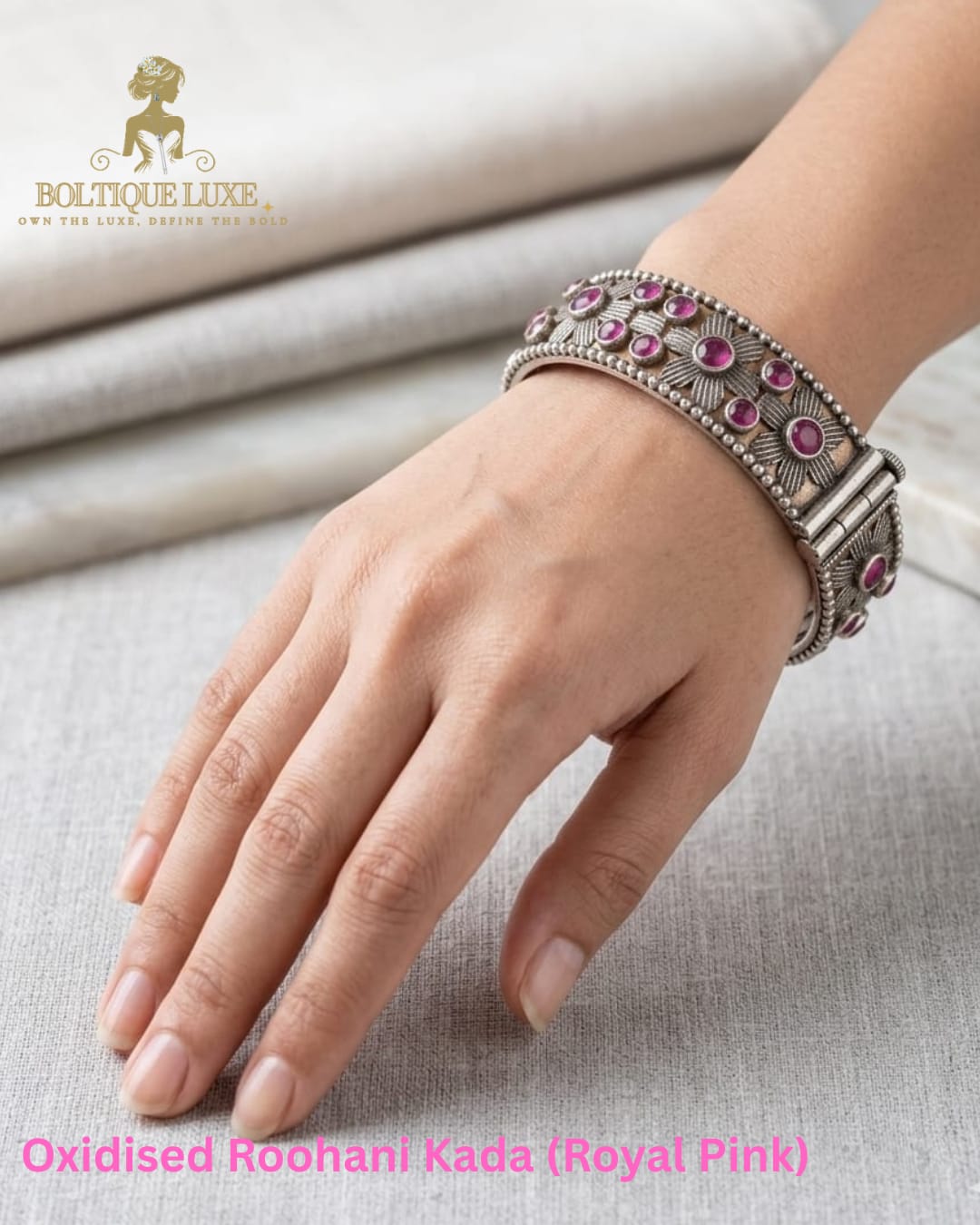 Oxidised Roohani Kada (Royal Pink)