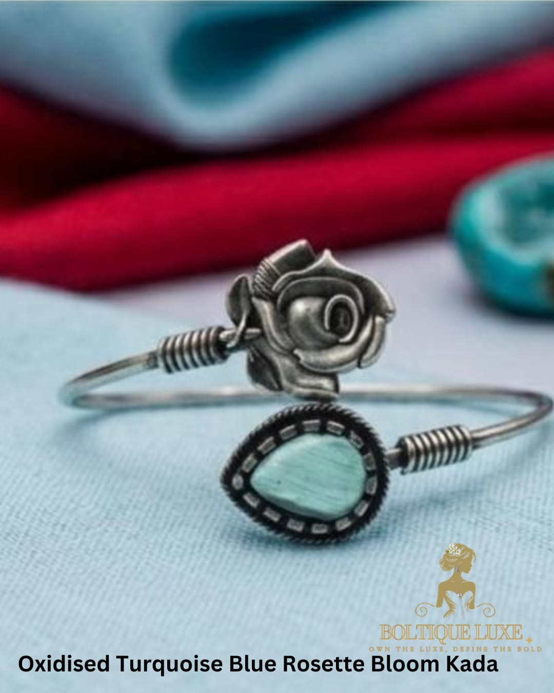 Oxidised Turquoise Blue Rosette Bloom Kada