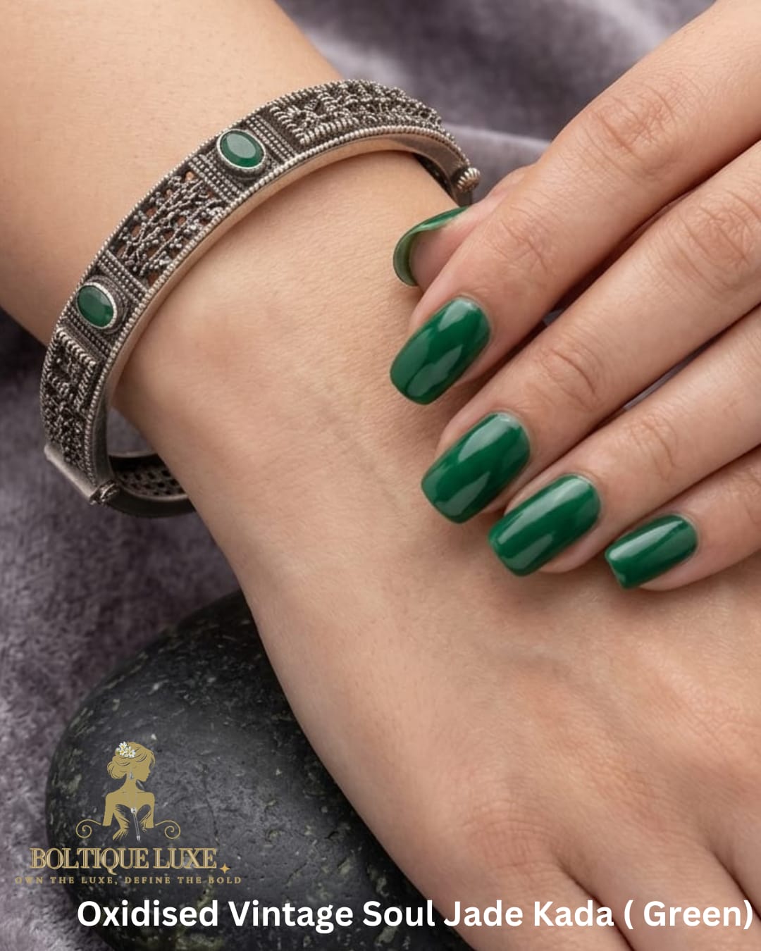 Oxidised Vintage Soul Jade Kada ( Green)