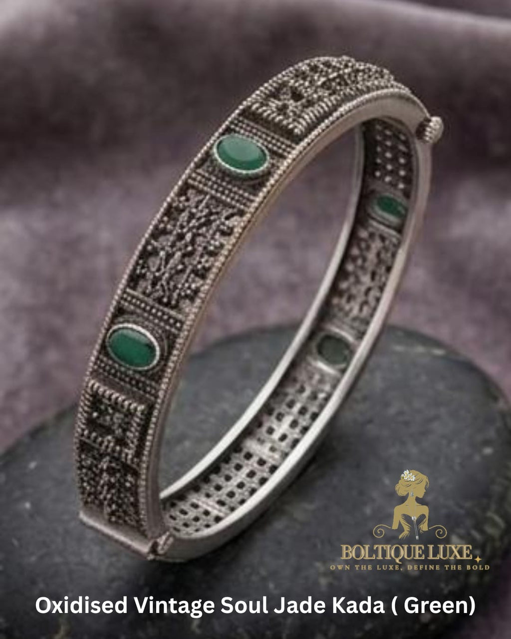Oxidised Vintage Soul Jade Kada ( Green)