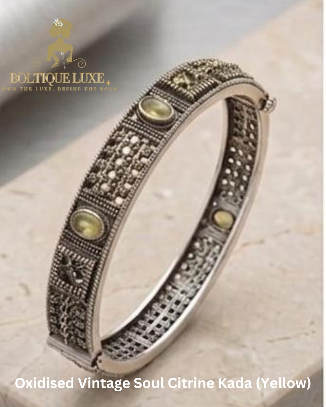 Oxidised Vintage Soul Citrine Kada (Yellow)