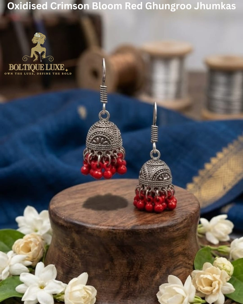 Oxidised Crimson Bloom Red Ghungroo Jhumkas