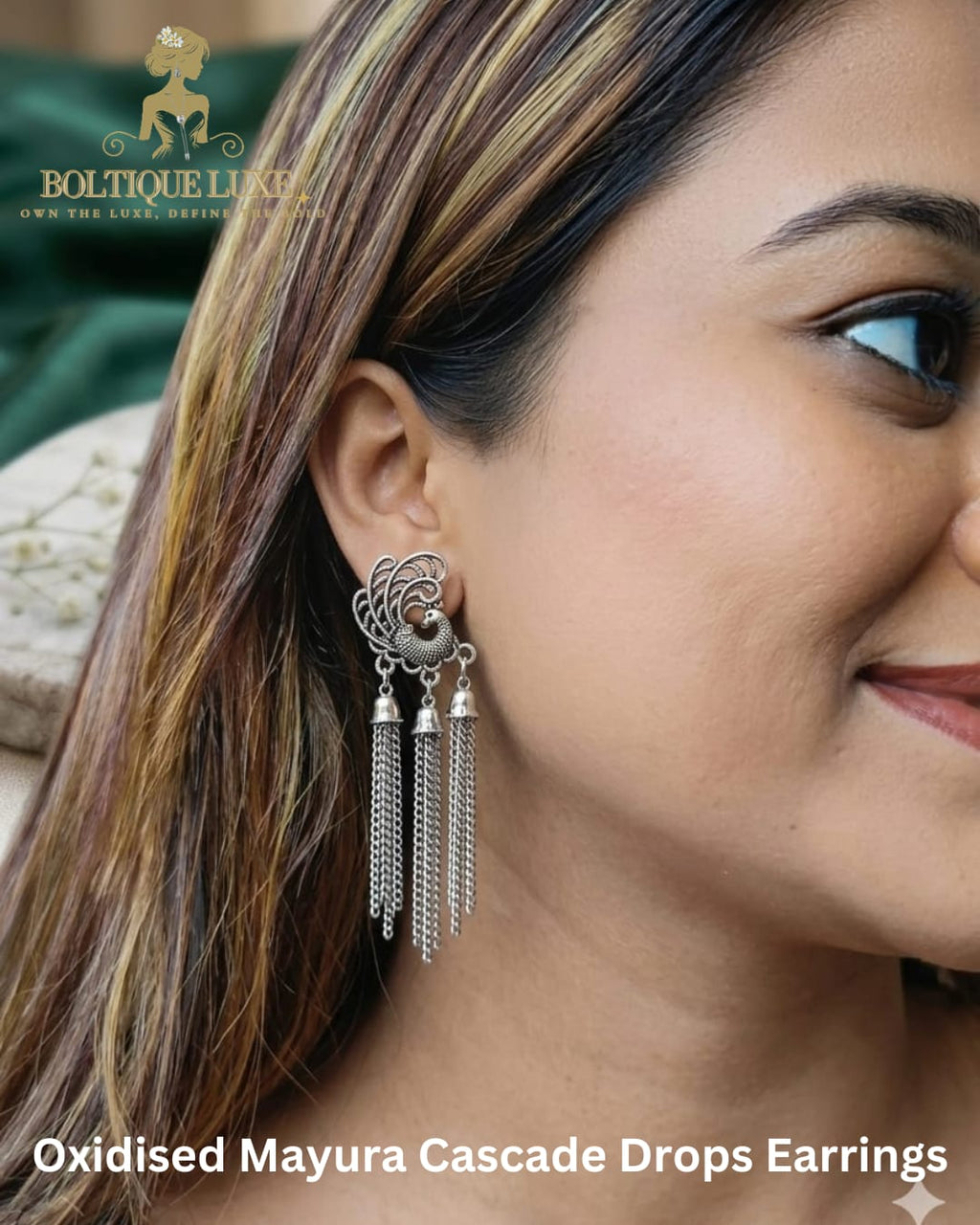 Oxidised Mayura Cascade Drops Earrings