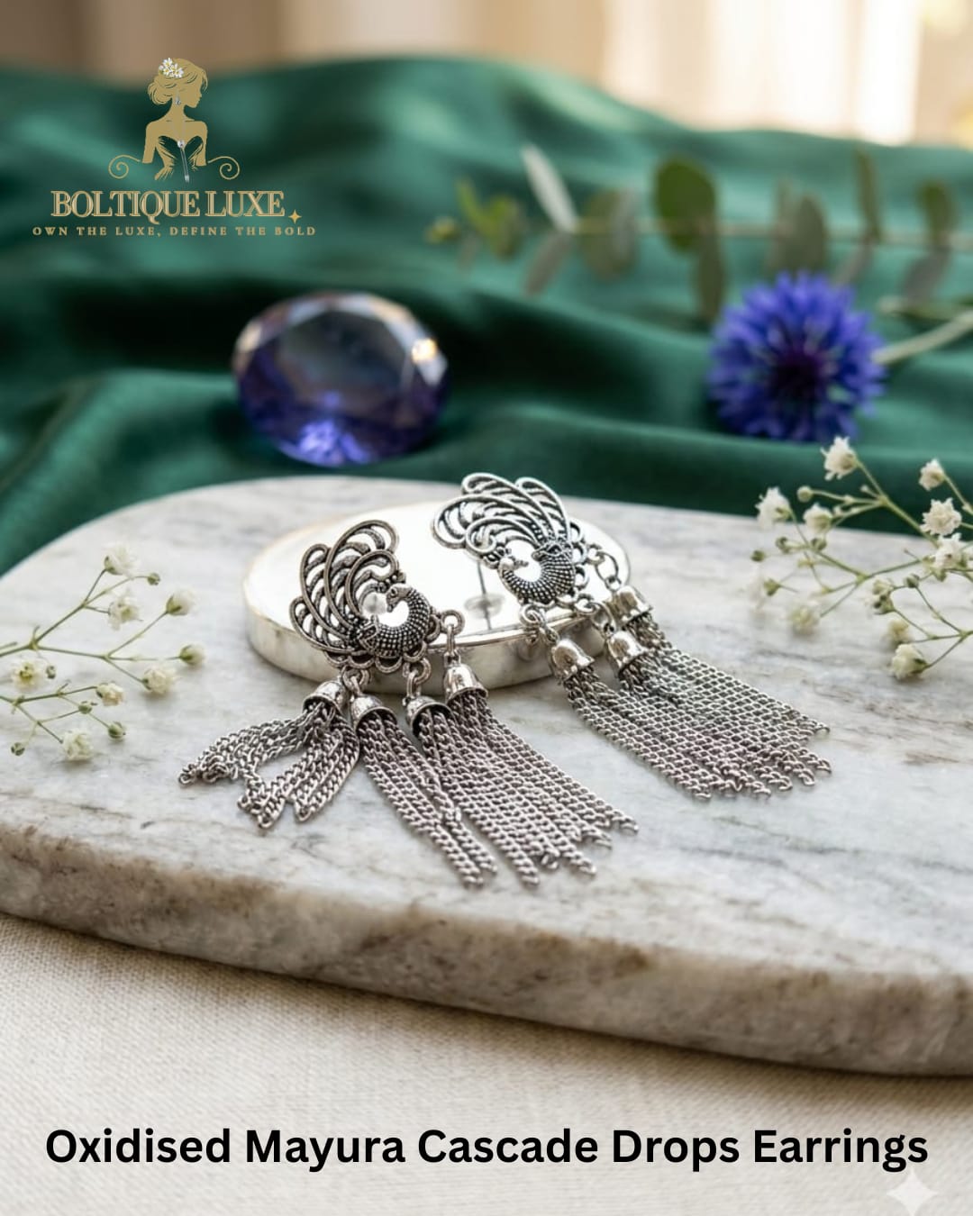 Oxidised Mayura Cascade Drops Earrings