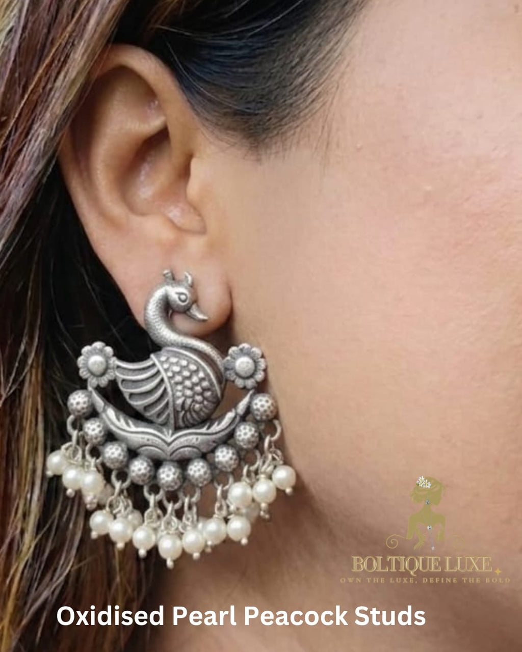 Oxidised Pearl Peacock Studs