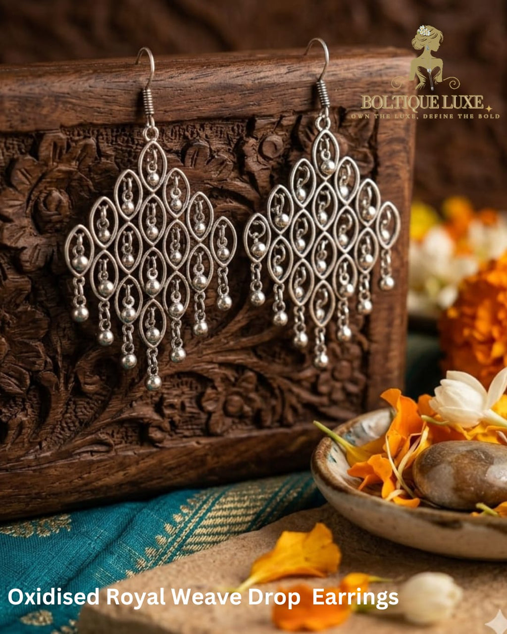Oxidised Royal Weave Drop Earrings
