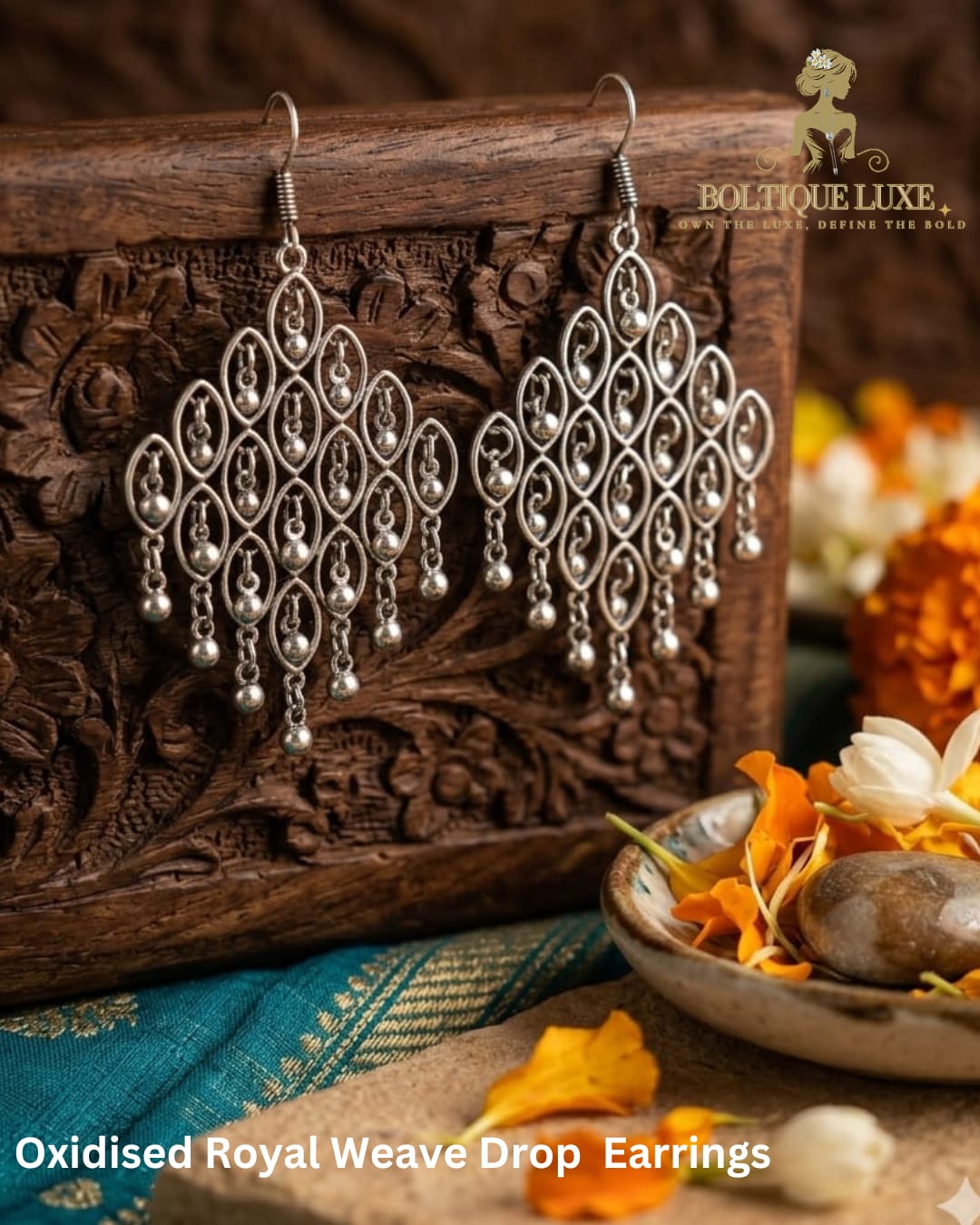 Oxidised Royal Weave Drop Earrings