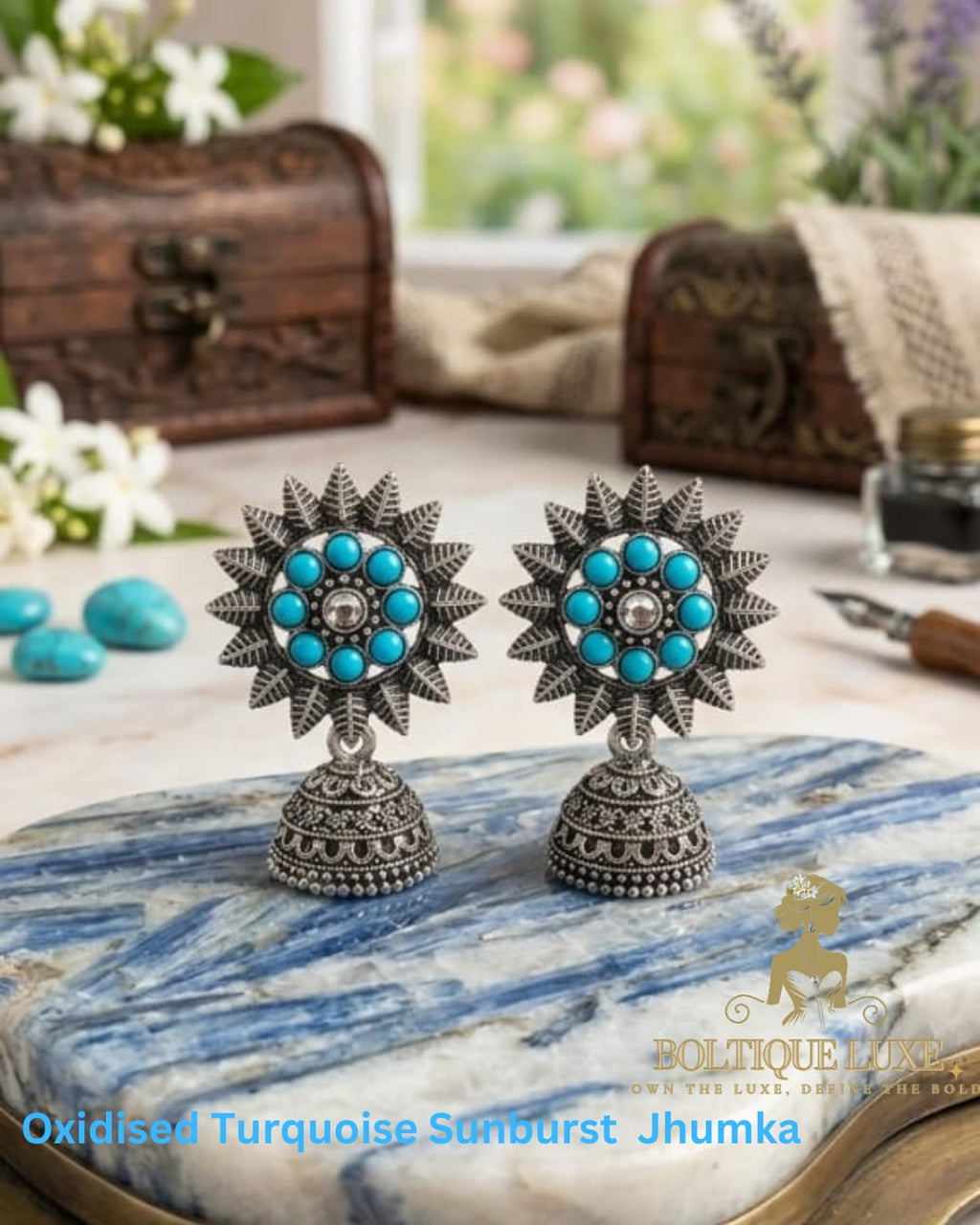 Oxidised Turquoise Sunburst Jhumka