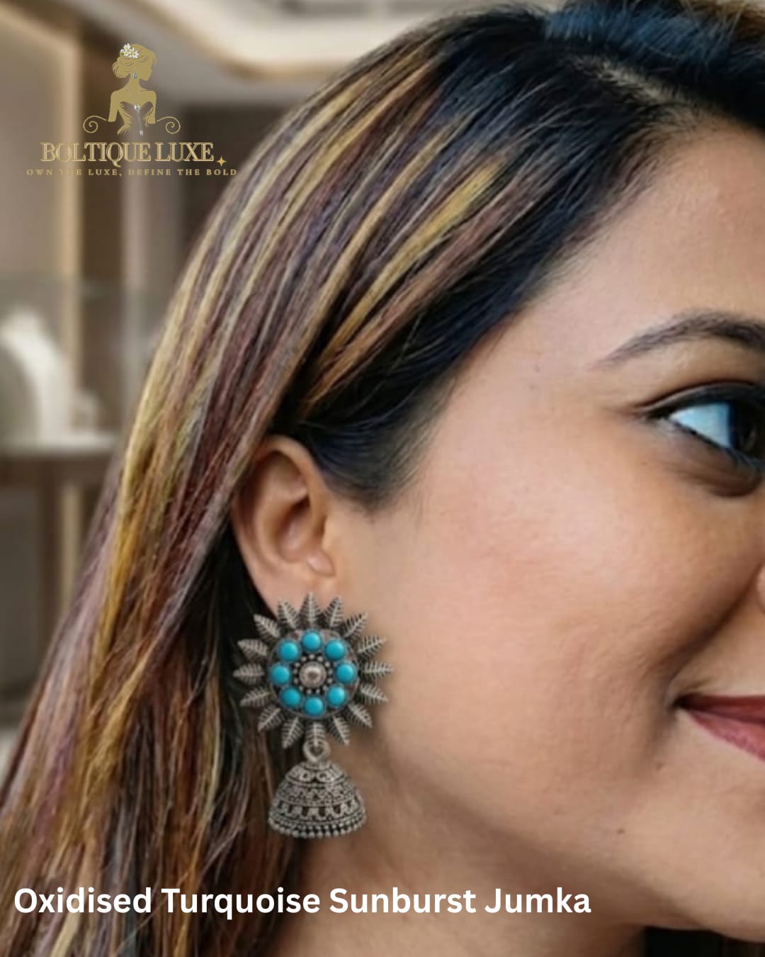 Oxidised Turquoise Sunburst Jhumka