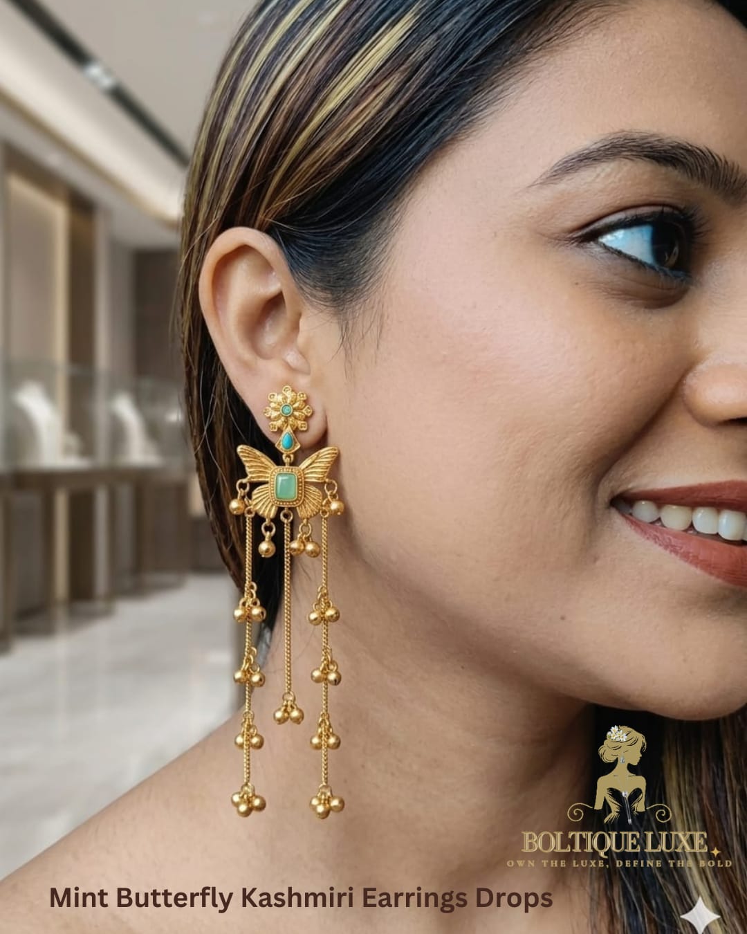 Mint Butterfly Kashmiri Earrings Drops
