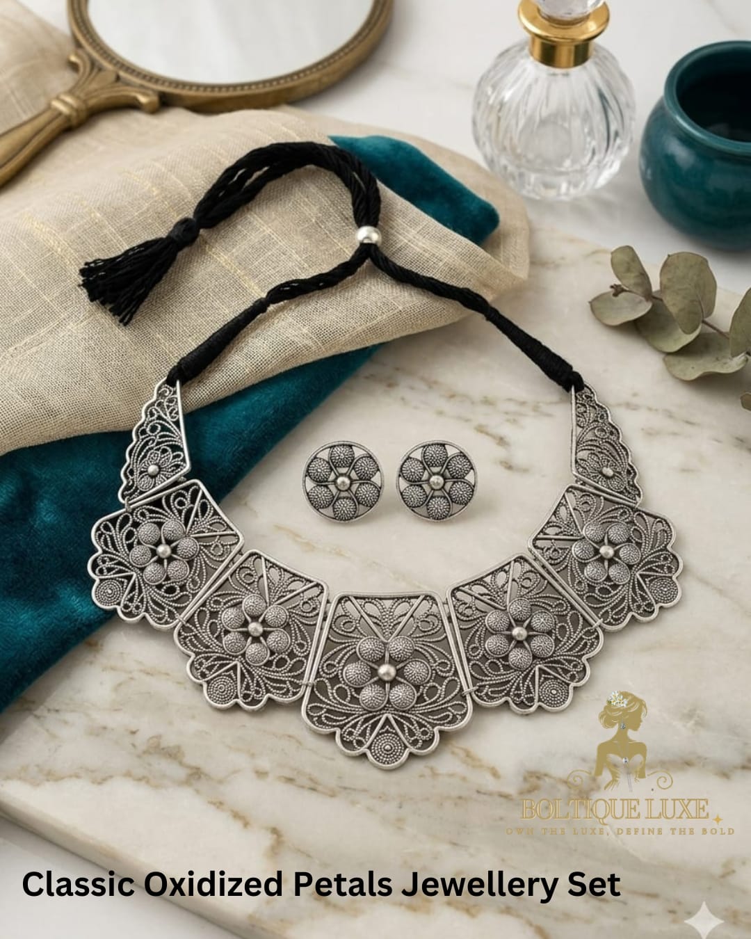 Classic Oxidized Petals Jewellery Set