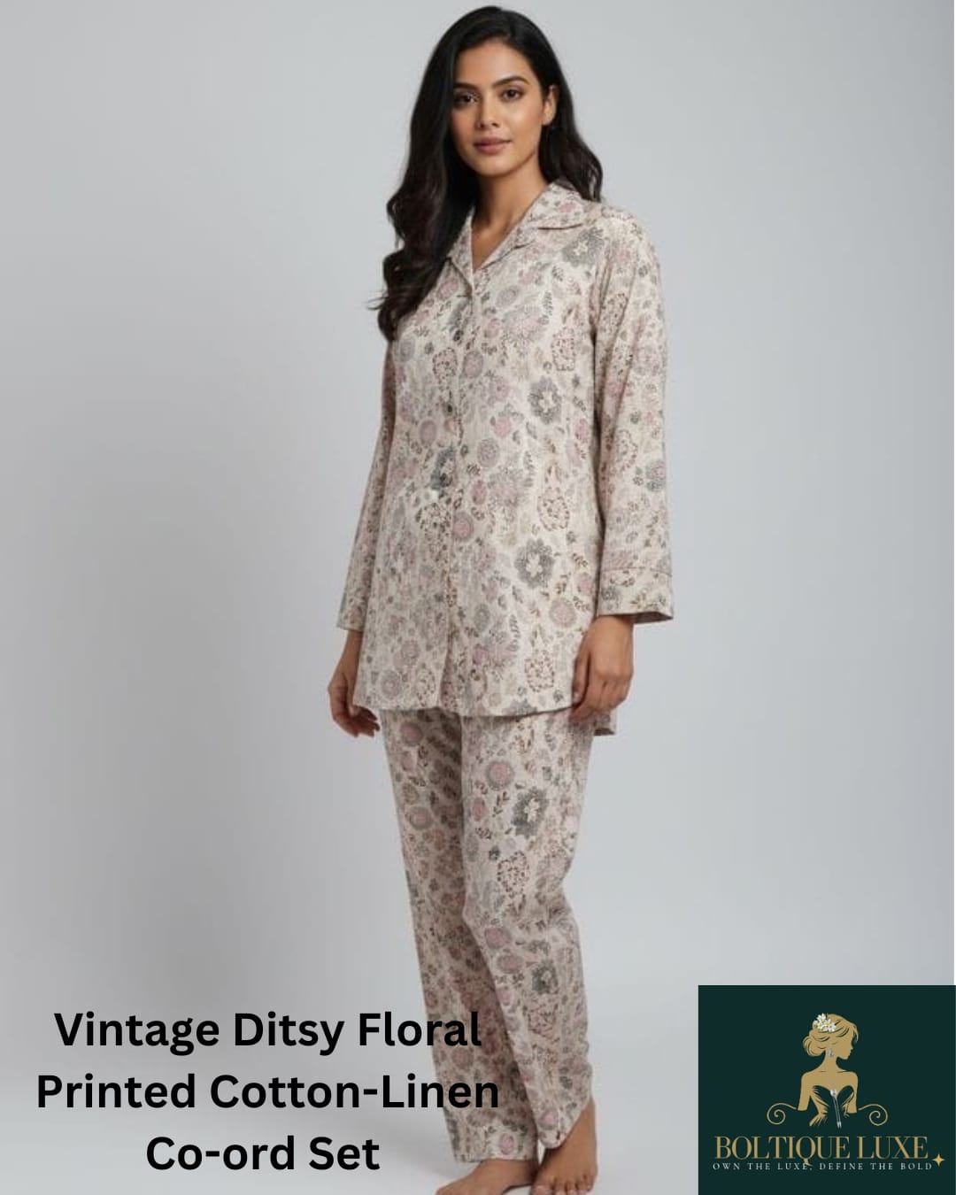 Vintage Ditsy Floral Printed Cotton-Linen Coord Set