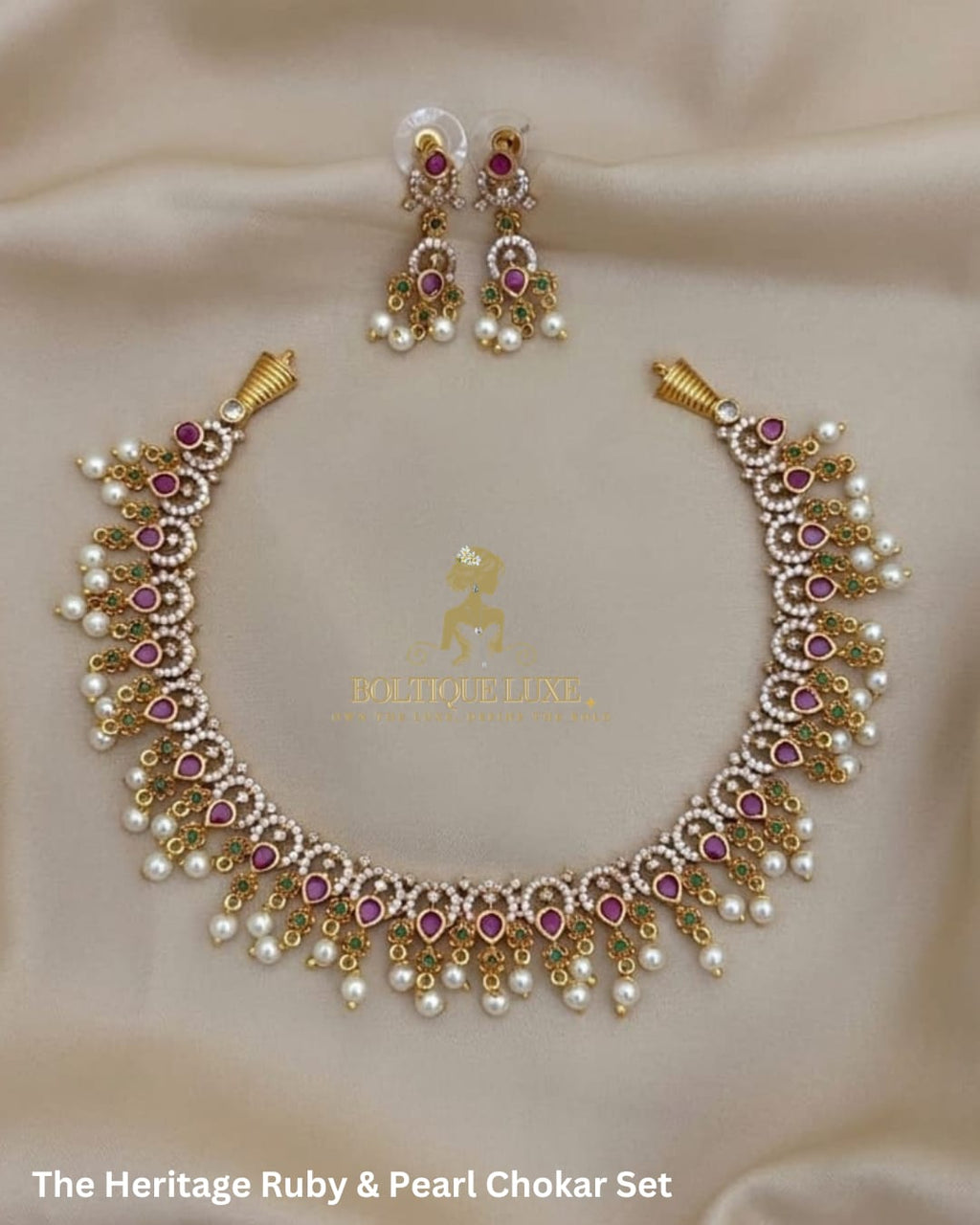 Heritage Ruby & Pearl Choker Set with Matching Drop Earrings